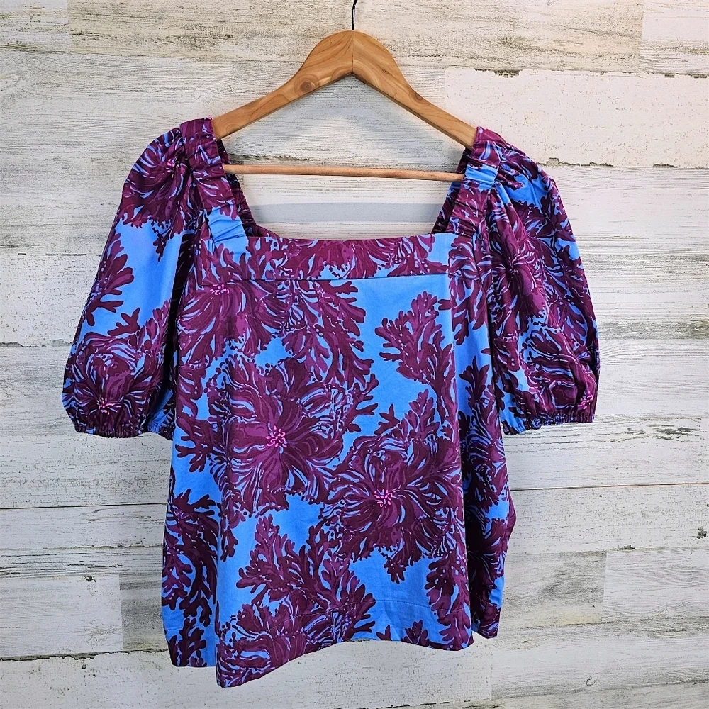 Lilly Pulitzer Torrey Floral Tie Back Top 10 Stretch Poplin Puff Sleeves Preppy